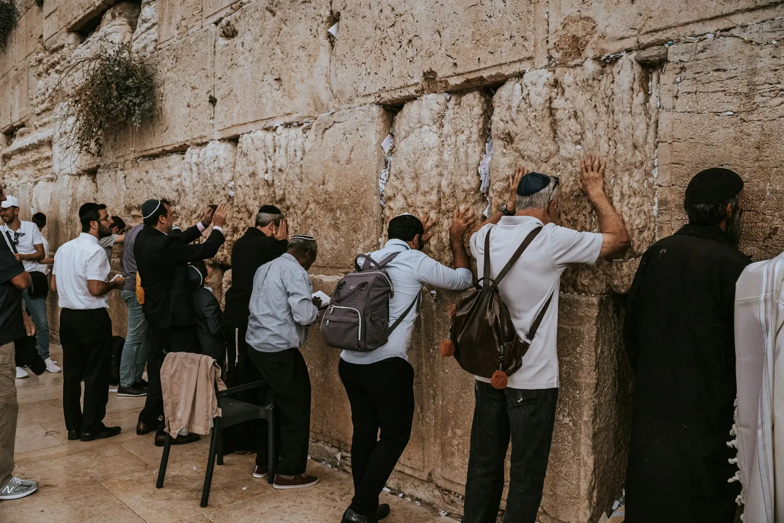 People praying at the Western Wall in Jerusalem, seen from behind